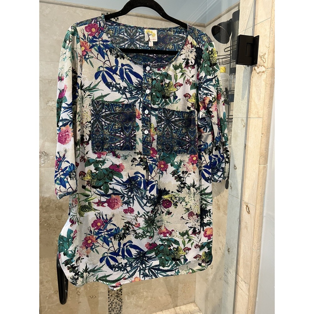 Fig & Flower Anthropologie Textured 3/4 Sleeve Tunic Top Plus 1X Multicolor